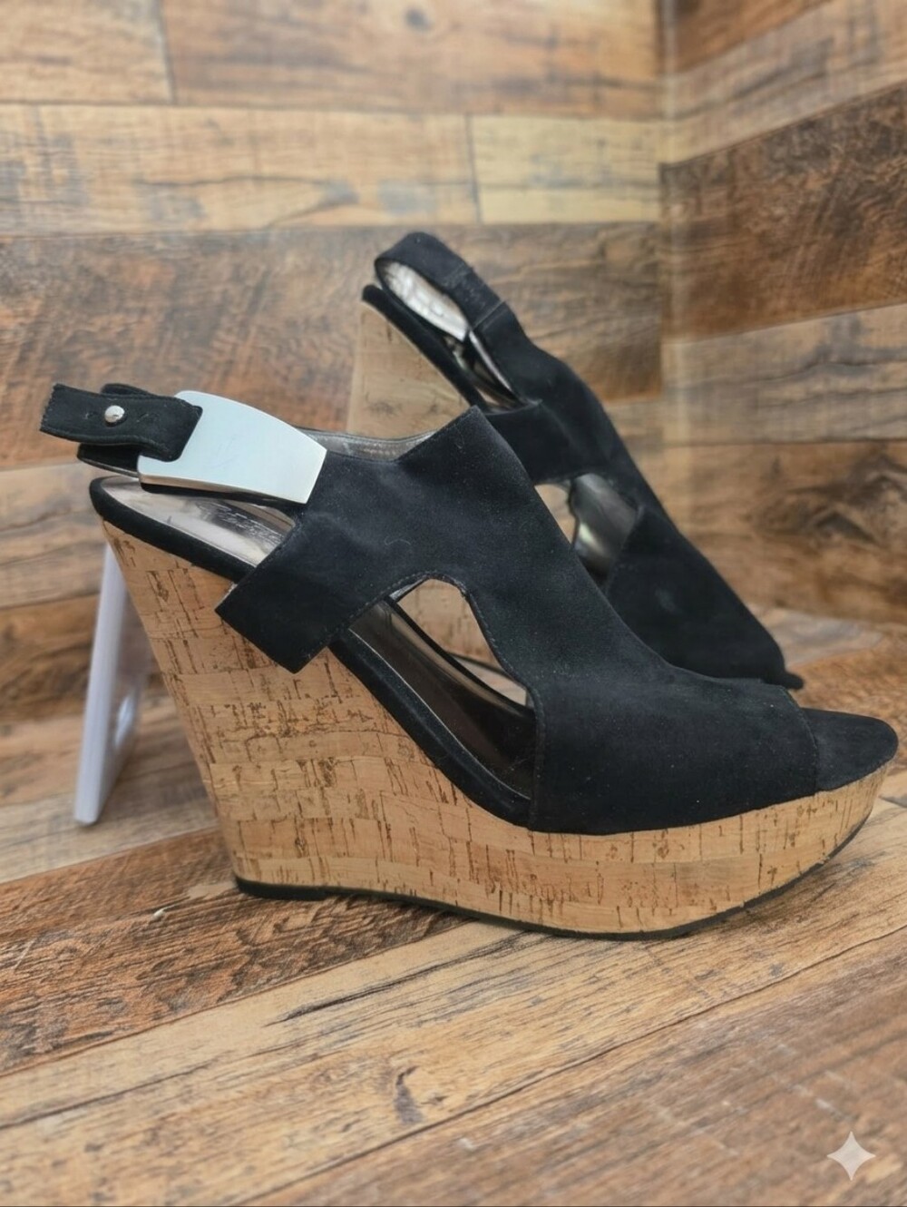 Carlos Santana Black Suede Malor Cork Wedge Peep Toe Sandals - 8.5